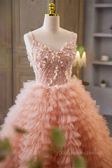 Orange pink Sequined A-line Multi-Layers Slip Long Corset Prom Dress outfits, Prom Dresses Black Girls