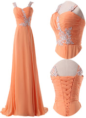 Organge Chiffon Straps Lace Applique A-line Long Corset Prom Dress, Orange Corset Formal Dress Evening Dress outfit, Bridesmaids Dresses Winter