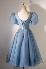 A-line V-neck Sequins Short Corset Prom Dress, Blue Short Sleeve Evening Dress outfit, Bridesmaid Dresses Long