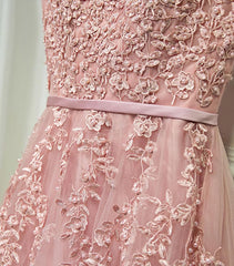 Pink Lace Tulle Long A Line Corset Prom Dress, Pink Evening Dress, 1 Gowns, Beauty Dress Design