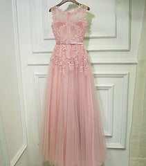 Pink Lace Tulle Long A Line Corset Prom Dress, Pink Evening Dress, 1 Gowns, Champagne Prom Dress