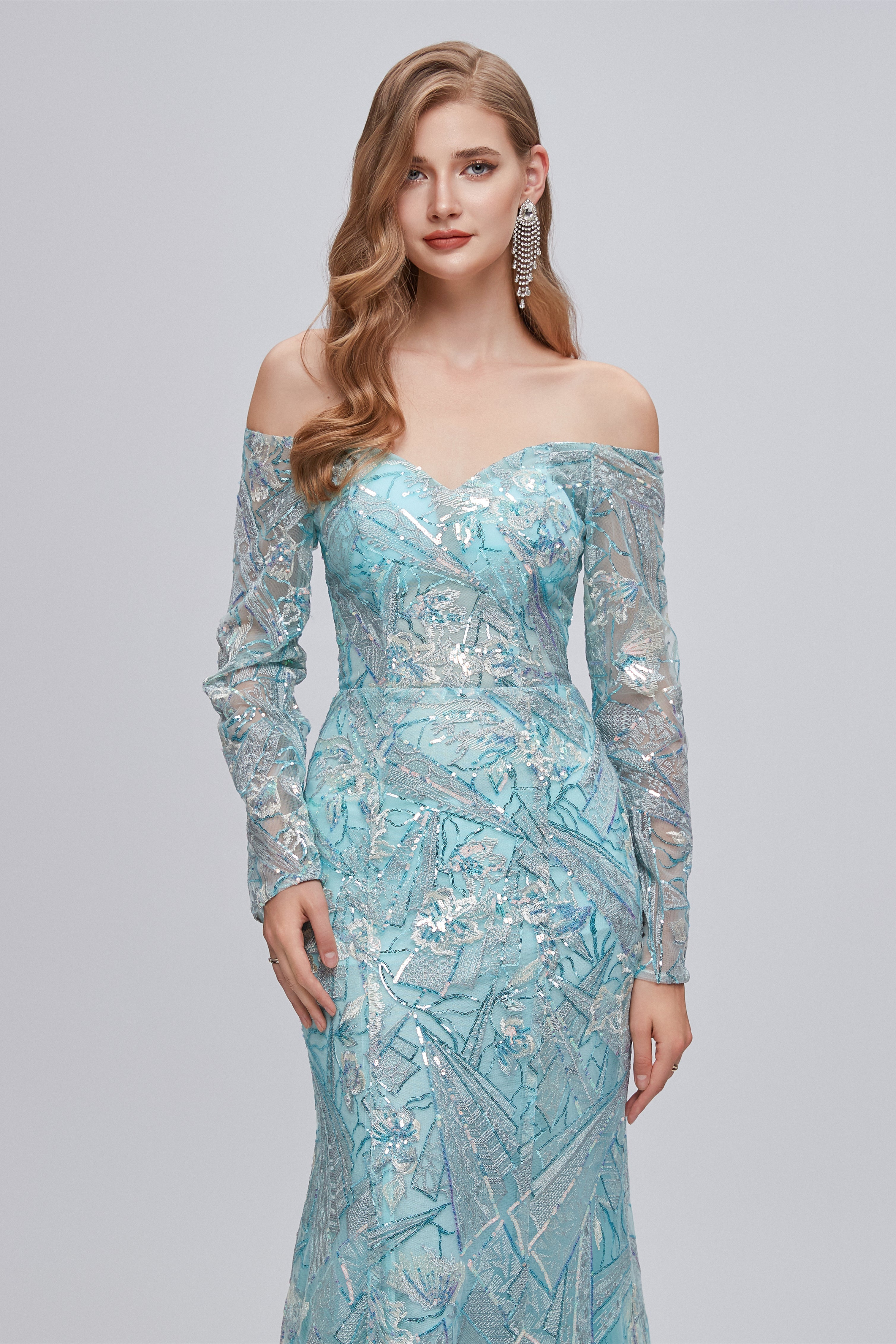 Pastel Blue Sparkly Embroidery Long Sleeve Mermaid Evening Dresses outfit, Formal Dresses Over 66