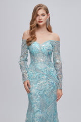 Pastel Blue Sparkly Embroidery Long Sleeve Mermaid Evening Dresses outfit, Formal Dresses Over 66