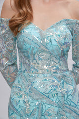 Pastel Blue Sparkly Embroidery Long Sleeve Mermaid Evening Dresses outfit, Formal Dresses For Winter Wedding