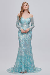 Pastel Blue Sparkly Embroidery Long Sleeve Mermaid Evening Dresses outfit, Formal Dresses For Fall Wedding