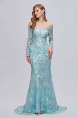 Pastel Blue Sparkly Embroidery Long Sleeve Mermaid Evening Dresses outfit, Formal Dress For Girls