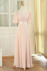 Peach Chiffon Long Mismatched Corset Bridesmaid Dresses outfit, Prom Dresses Red