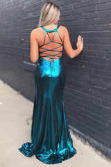 Peacock Blue Long Corset Prom Dress With Criss Cross Back Gowns, Peacock Blue Long Prom Dress With Criss Cross Back