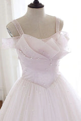 Pearl Pink Straps A Line Tulle Long Corset Prom Dress with Pearls, Long Corset Formal Gown outfit, Prom Dress Inspiration