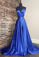 Blue V-Neck Satin Long Corset Prom Dresses, Simple Evening Dresses outfit, Party Dress Long Sleeve Mini