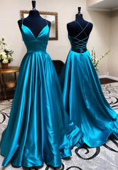 Blue V-Neck Satin Long Corset Prom Dresses, Blue Backless Evening Dresses outfit, Simple Dress