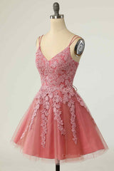Pink A-line Double Straps V Neck Lace-Up Applique Mini Corset Homecoming Dress outfit, Fantasy Dress