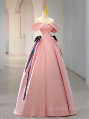 Pink A-Line Satin Off Shoulder Long Corset Prom Dress, Pink Corset Formal Evening Dresses outfit, Prom Dresses Emerald Green