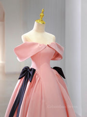 Pink A-Line Satin Off Shoulder Long Corset Prom Dress, Pink Corset Formal Evening Dresses outfit, Prom Dress Modest