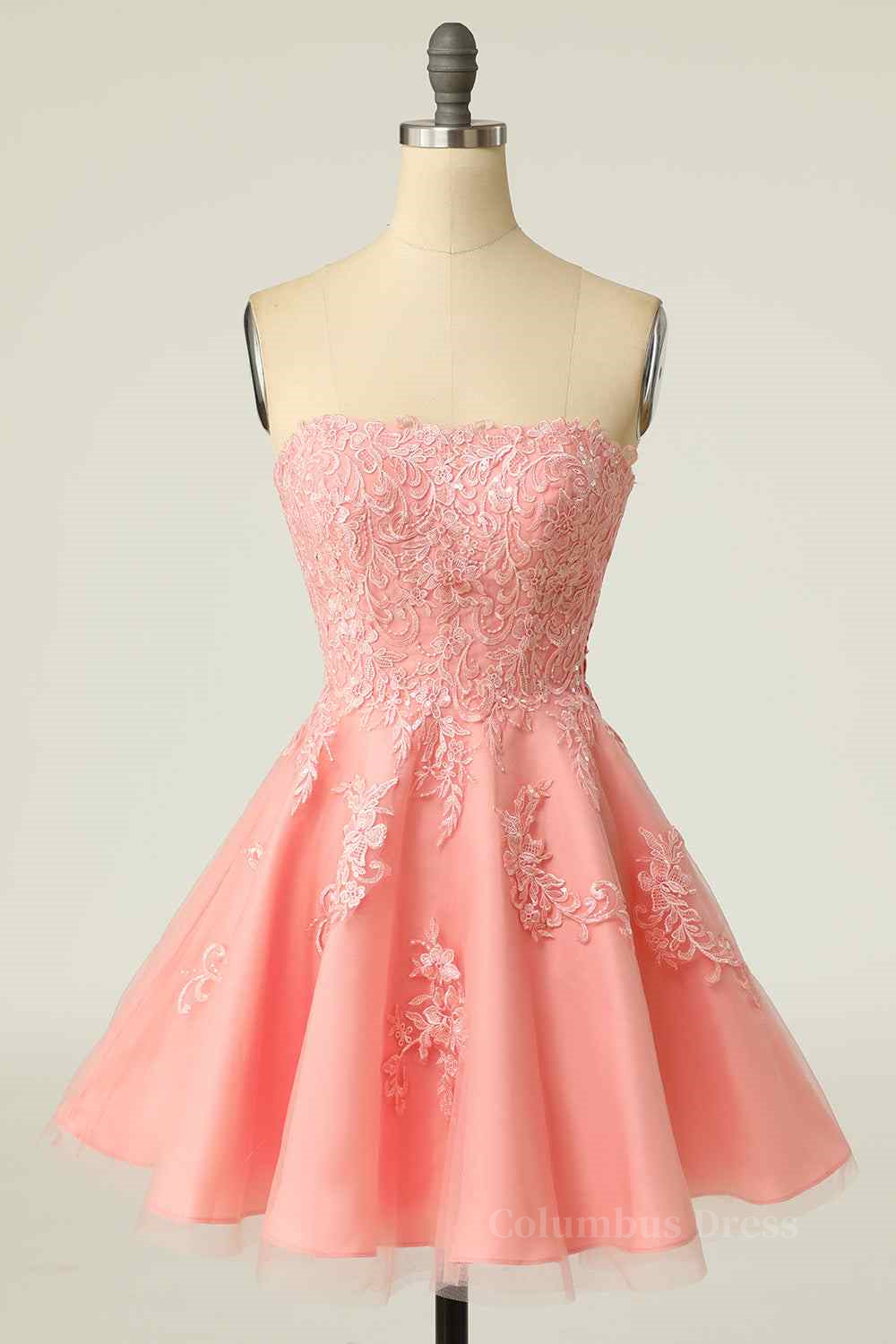 Pink A-line Strapless Lace-Up Back Applique Tulle Mini Corset Homecoming Dress outfit, Tights Dress Outfit
