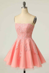 Pink A-line Strapless Lace-Up Back Applique Tulle Mini Corset Homecoming Dress outfit, Prom 2026