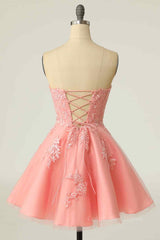 Pink A-line Strapless Lace-Up Back Applique Tulle Mini Corset Homecoming Dress outfit, Dinner Dress Classy