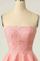 Pink A-line Strapless Lace-Up Back Applique Tulle Mini Corset Homecoming Dress outfit, Fancy Outfit