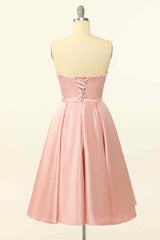 Pink A-line Strapless Satin Lace-Up Back Mini Corset Homecoming Dress outfit, Club Outfit