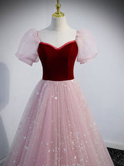 Pink A line Tulle Long Corset Prom Dress, Pink Tulle Evening Graduation Dresses outfit, Party Dressed Short