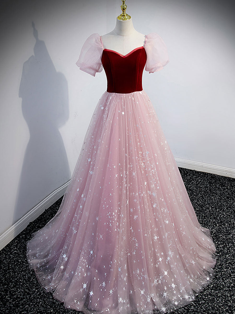 Pink A line Tulle Long Corset Prom Dress, Pink Tulle Evening Graduation Dresses outfit, Party Dress Spring