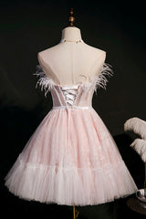 Pink A-Line Tulle Short Corset Prom Dress with Feather, Pink Strapless Party Dress Outfits, Short Formal Dress