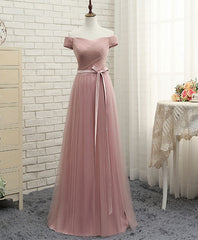 Pink A LineTulle Off Shoulder Long Corset Prom Dress, Evening Dress outfit, Bridesmaid Gown