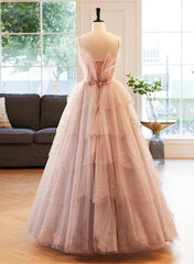 Pink Beaded V-neckline Tulle Party Dress Corset Prom Dress, Tulle Layers Sweet 16 Dress outfit, Party Dress Silk