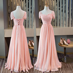 Pink Chiffon Cap Sleeves Long Corset Bridesmaid Dress, Floor Length Pink Party Dress Outfits, Party Dresses Near Me