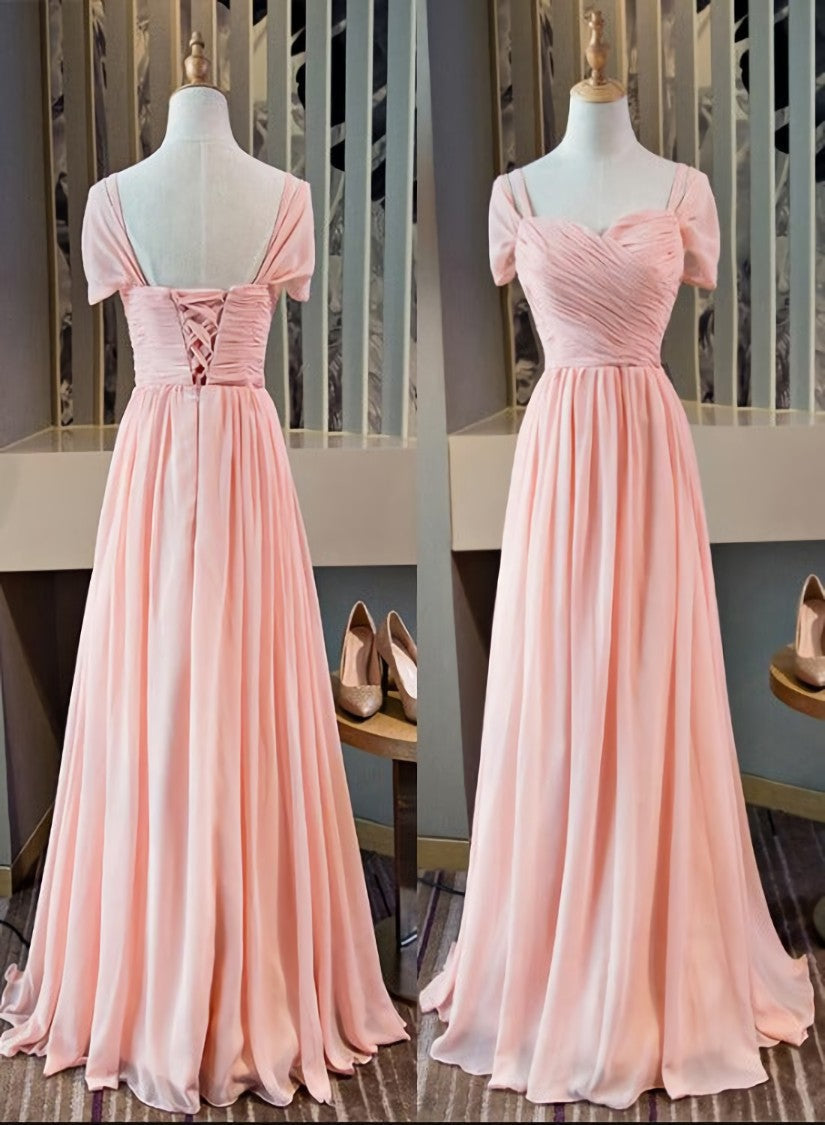 Pink Chiffon Cap Sleeves Long Corset Bridesmaid Dress, Floor Length Pink Party Dress Outfits, Party Dress Near Me
