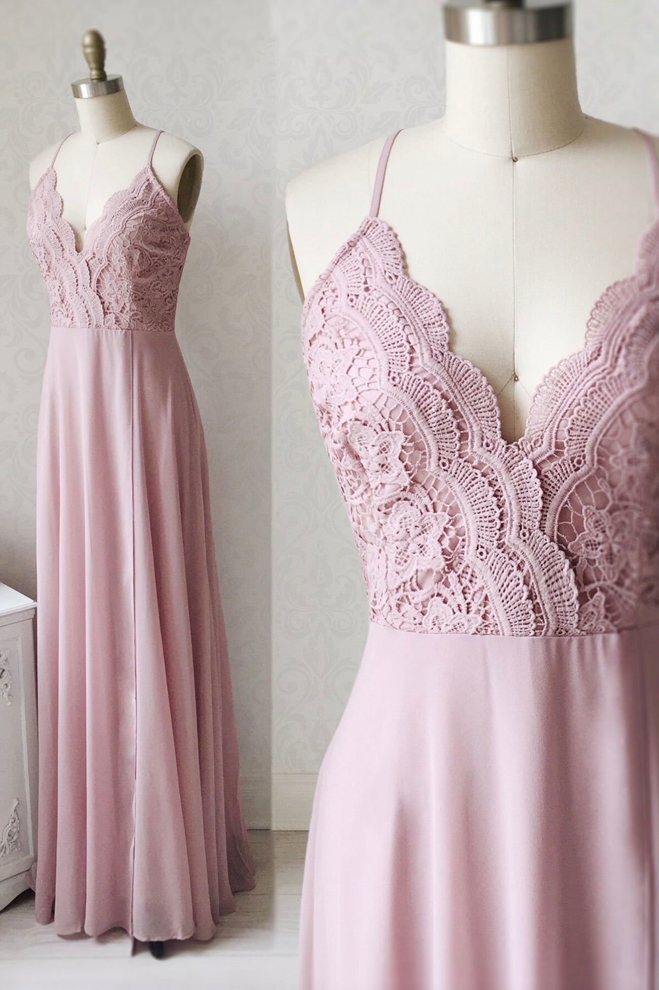Pink Chiffon Lace Long A-Line Corset Prom Dress, Pink V-Neck Evening D