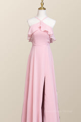 Pink Chiffon Ruffle Halter A-line Long Corset Bridesmaid Dress outfit, Prom Dress Colorful