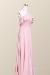 Pink Chiffon Ruffle Halter A-line Long Corset Bridesmaid Dress outfit, Prom Dress 2026