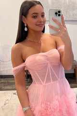 Pink Corset Off the Shoulder Long Corset Prom Dress with Ruffles Gowns, Pink Corset Off the Shoulder Long Prom Dress with Ruffles