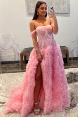 Pink Corset Off the Shoulder Long Corset Prom Dress with Ruffles Gowns, Pink Corset Off the Shoulder Long Prom Dress with Ruffles