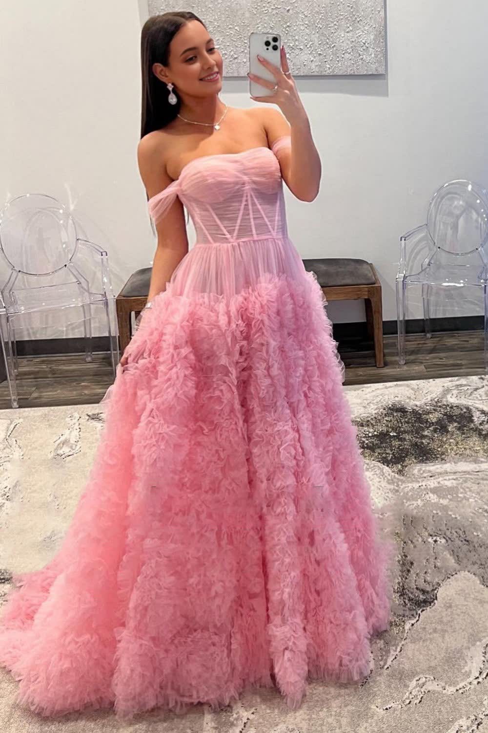 Pink Corset Off the Shoulder Long Corset Prom Dress with Ruffles Gowns, Pink Corset Off the Shoulder Long Prom Dress with Ruffles