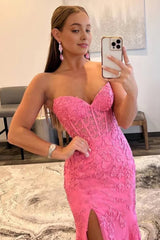 Pink Corset Sweetheart Long Lace Corset Prom Dress with Slit Gowns, Pink Corset Sweetheart Long Lace Prom Dress with Slit