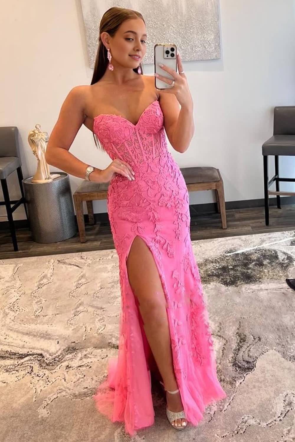 Pink Corset Sweetheart Long Lace Corset Prom Dress with Slit Gowns, Pink Corset Sweetheart Long Lace Prom Dress with Slit