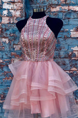 Pink Halter Beaded Short Corset Homecoming Dress,Corset Wedding Party Dresses outfit, Wedding Dress Mermaid
