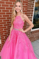 Pink Halter Long Corset Prom Dress With Appliques Gowns, Pink Halter Long Prom Dress With Appliques
