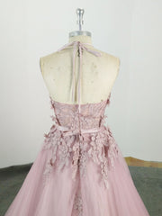 Pink High Neck Tulle Lace Applique Long Corset Prom Dress, Pink Evening Dress outfit, Prom Dress Glitter