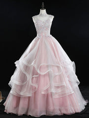 Pink high neck tulle lace long Corset Prom dress, pink sweet 16 dress outfit, Prom Dresses Nearby