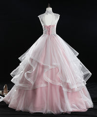 Pink High Neck Tulle Lace Long Sweet 16 Dress Tulle Lace Pink Corset Prom Dress outfits, Prom Dress Stores Near Me