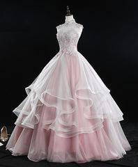 Pink High Neck Tulle Lace Long Sweet 16 Dress Tulle Lace Pink Corset Prom Dress outfits, Prom Dresses Brand