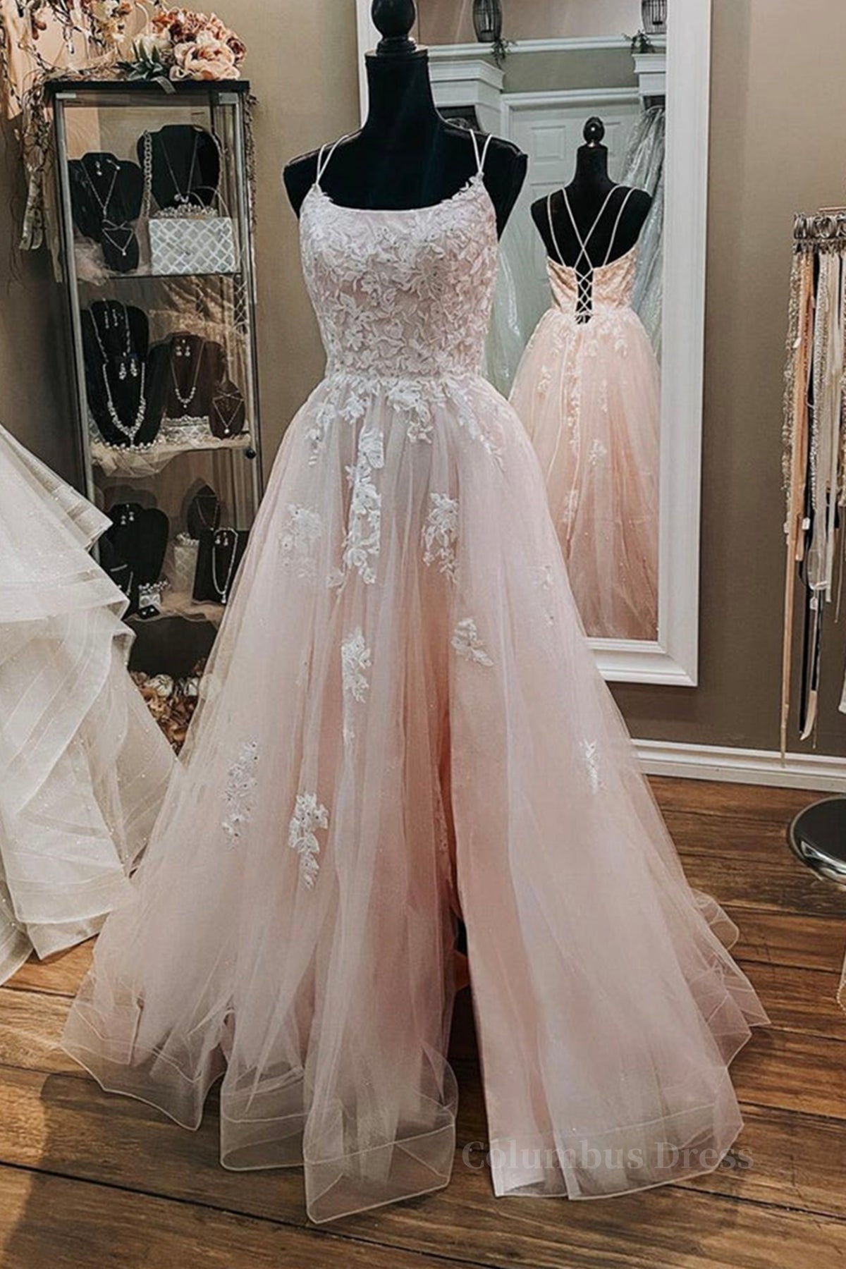 Pink Lace Appliques A Line Open Back Tulle Long Corset Prom Dresses, Pink Lace Corset Formal Graduation Evening Dresses outfit, Formal Dresses For Teen