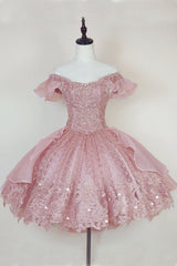 Pink Lace Corset Homecoming Gown with Beading,Princess Off the Shoulder Hoco Dress outfits, Bridesmaids Dress Designs