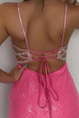 Pink Lace-Up Back Sequins Tight Short Corset Homecoming Dress outfit, Pink Lace-Up Back Sequins Tight Short Homecoming Dress