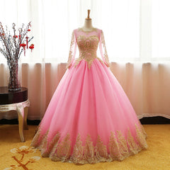 Pink Long Sleeves Tulle Round Neckline Sweet 16 Dresses, Pink Corset Formal Gown outfit, Party Dresses Pink