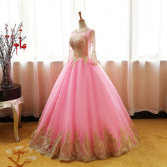 Pink Long Sleeves Tulle Round Neckline Sweet 16 Dresses, Pink Corset Formal Gown outfit, Party Dress Satin