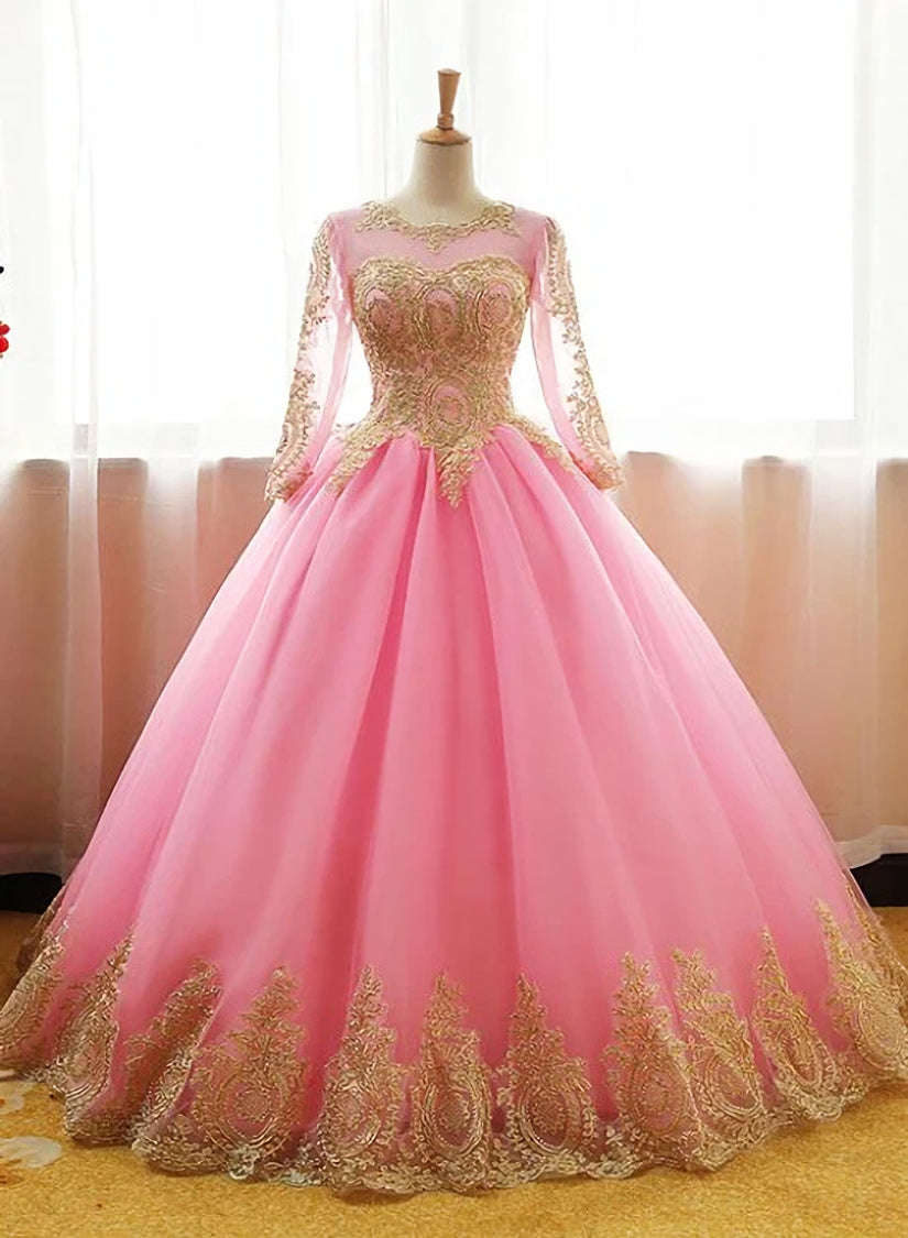 Pink Long Sleeves Tulle Round Neckline Sweet 16 Dresses, Pink Corset Formal Gown outfit, Party Dress White